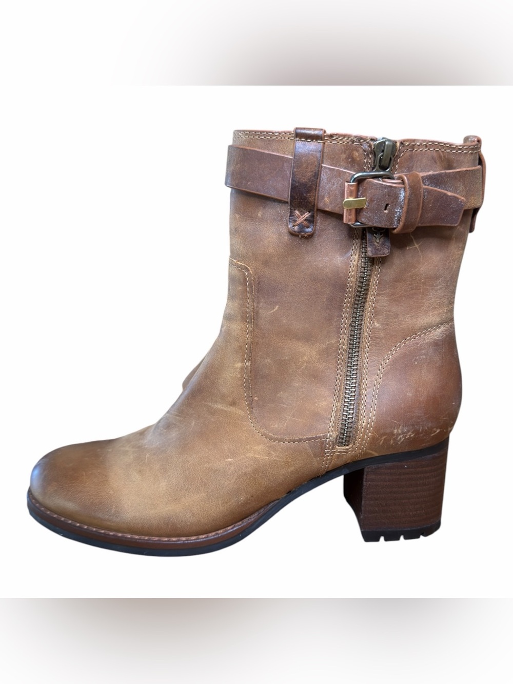 Trask Madison Ankle Boots Women’s 8M Tan Leather Buckle Side Zip NWOT